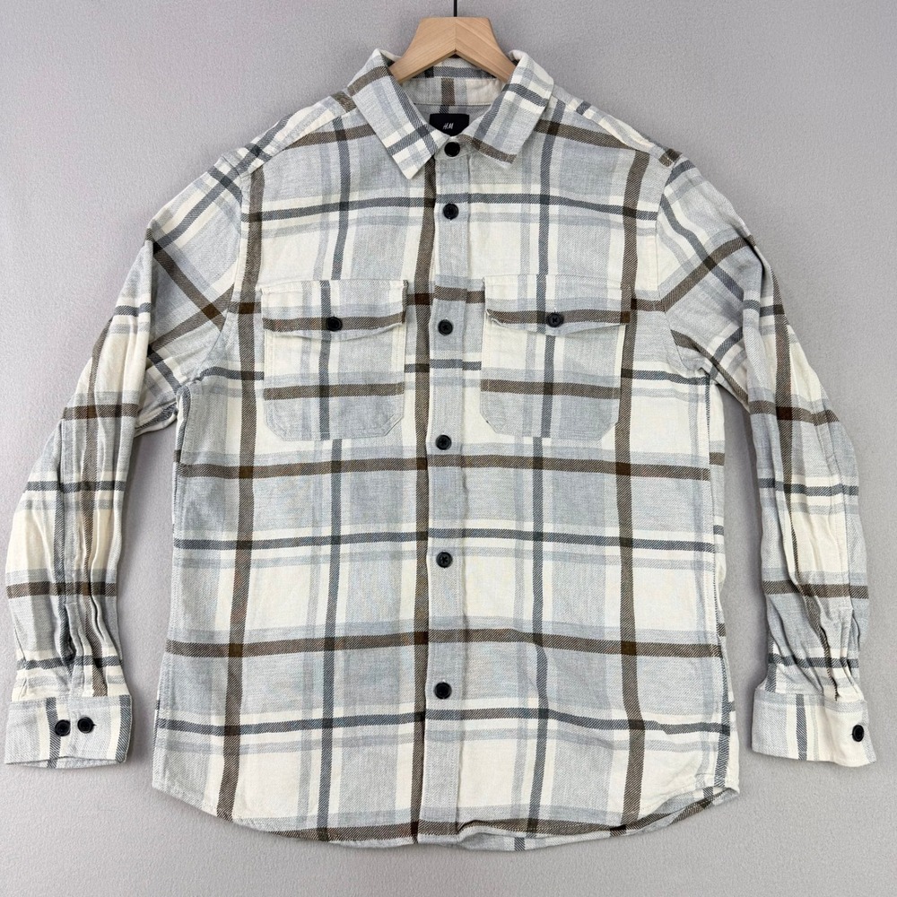 H&M Flannel Shirt Mens Mβ White Plaid Long Sleeve Button Up Casual Preppy Retro
